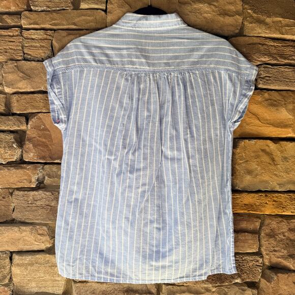 Da-sh XL Striped Blue White Cap Sleeve Button Up Women's Cotton Blouse Coastal - Picture 2 of 12